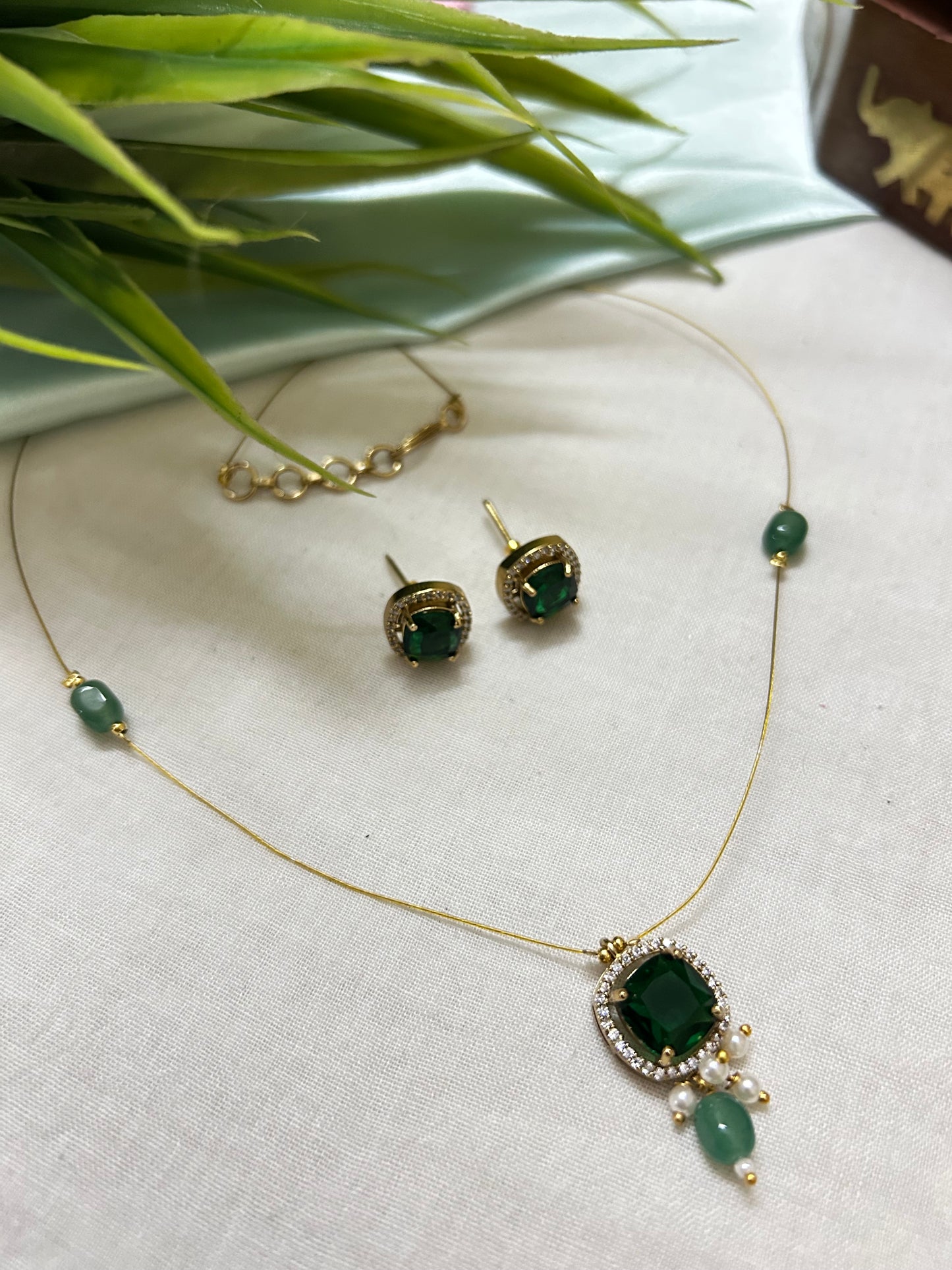 Gold plated Invisible Emerald Stone Necklace