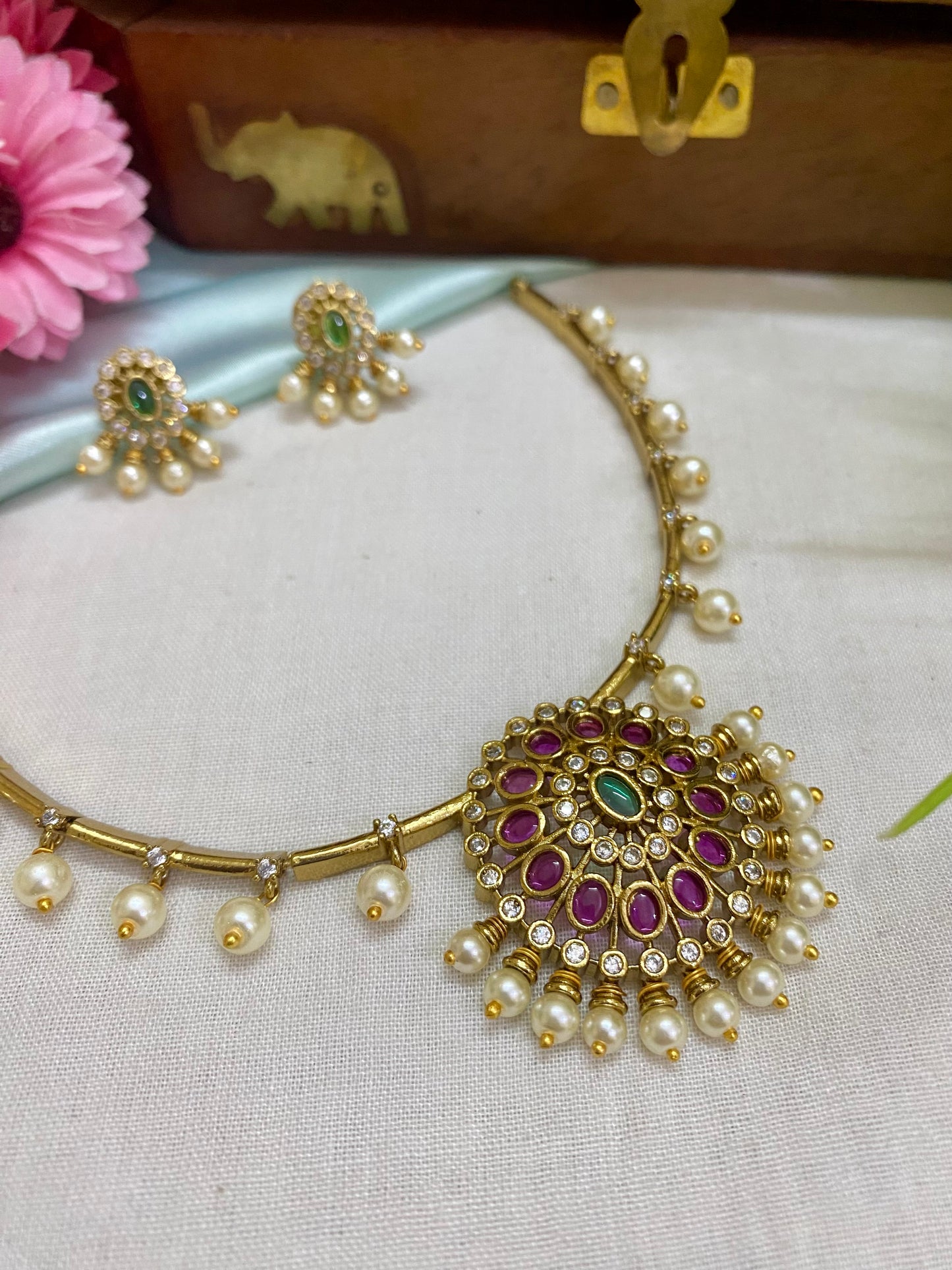 Pearl hanging Kanti necklace with emerald and ruby stones