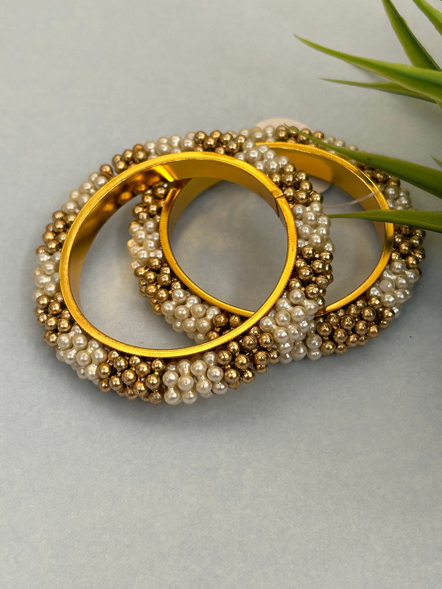 Luxehara Gold Plated Golden & Pearl Bangle set