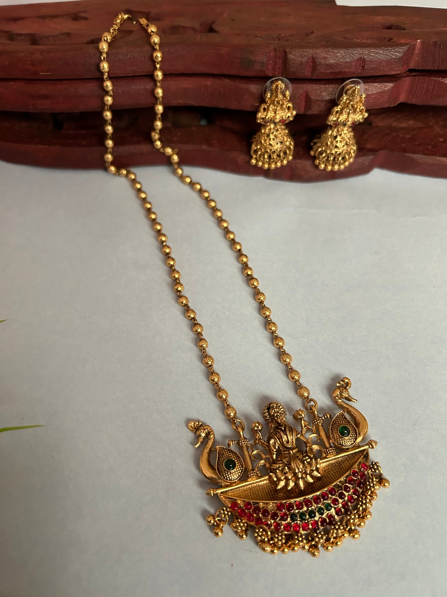 Luxehara’s Gold plated small beaded long chain with Lakshmi pendant ( LHA 132 )