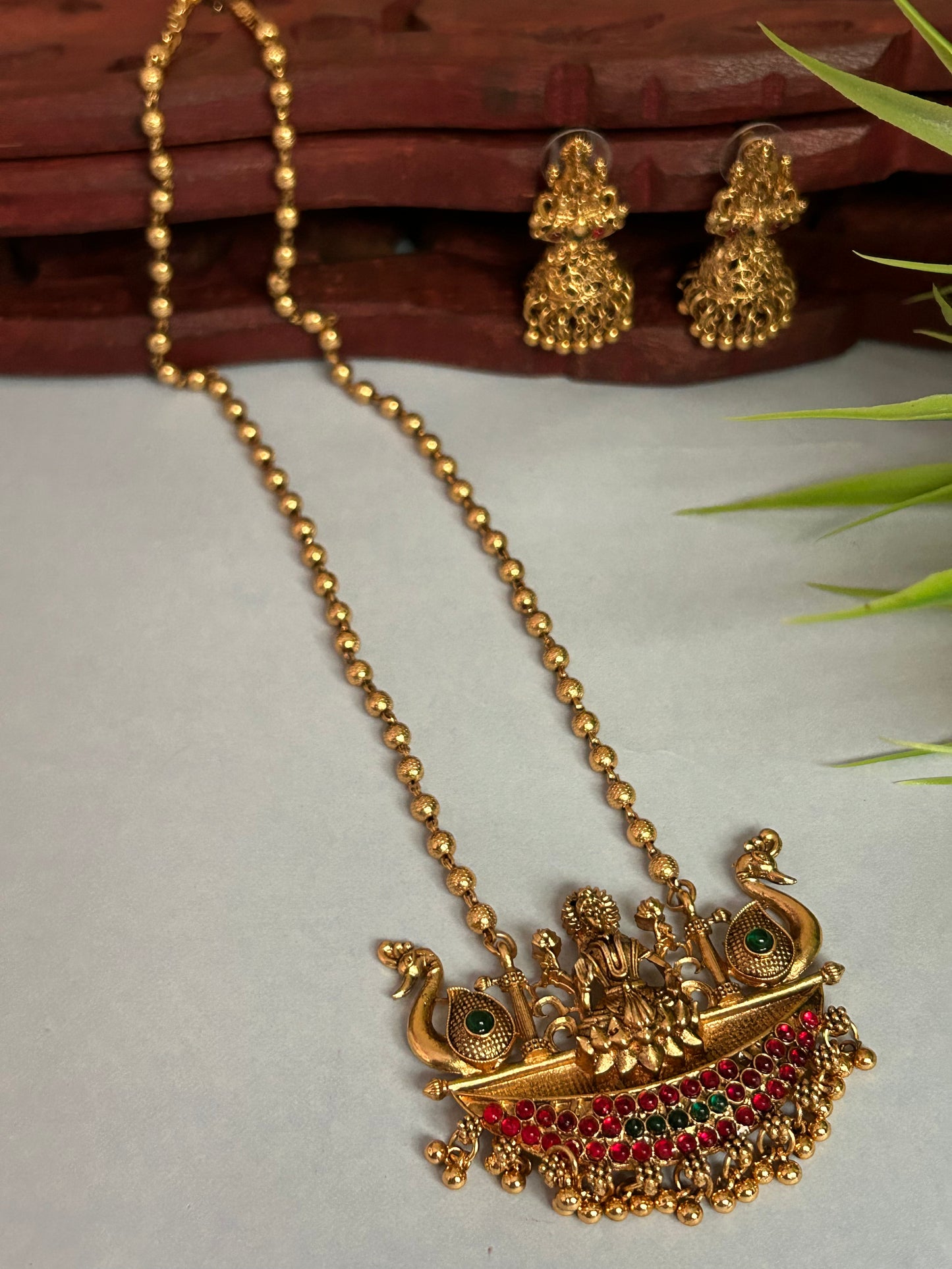 Luxehara’s Gold plated small beaded long chain with Lakshmi pendant ( LHA 132 )