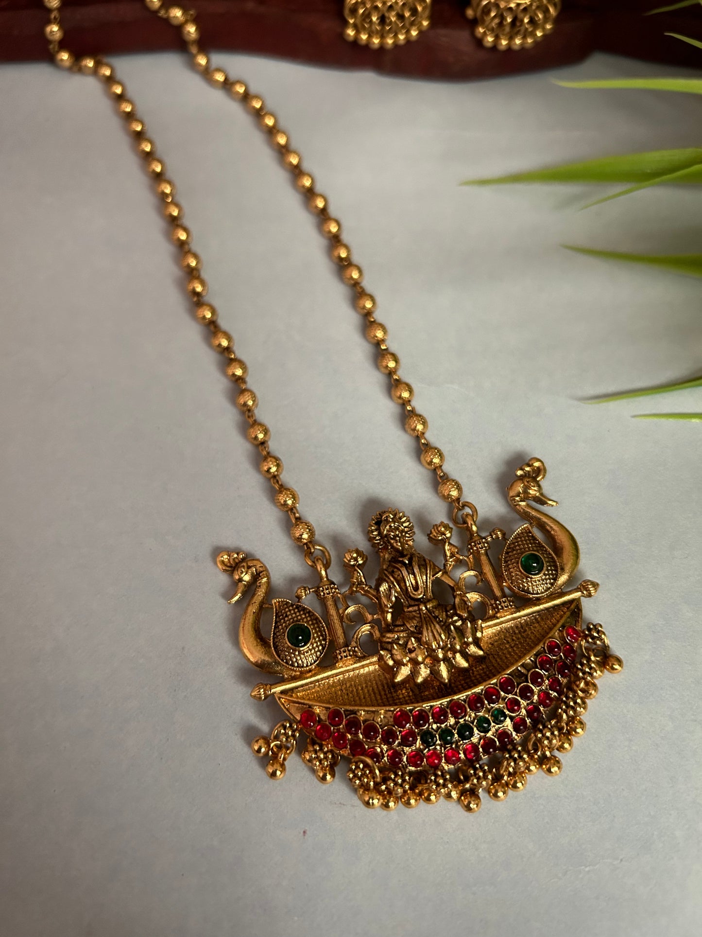 Luxehara’s Gold plated small beaded long chain with Lakshmi pendant ( LHA 132 )