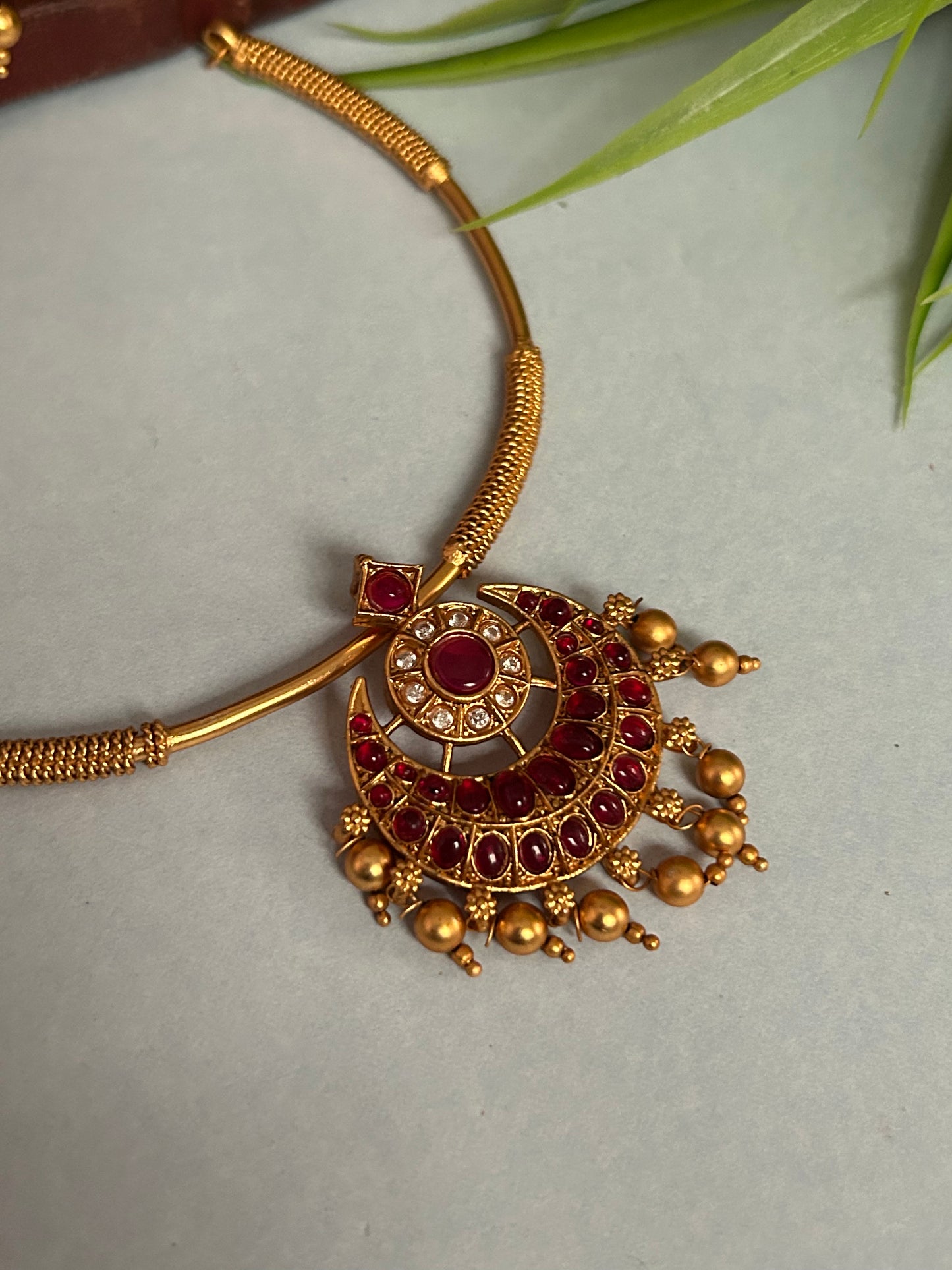 Gold Plated Hasli/Kanti Necklace Set with Kemp & Green stones. ( LHA CN 05 )