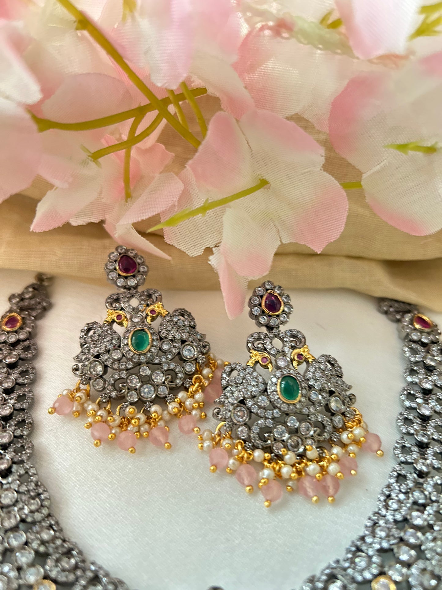 Luxhara's Victorian Jewelry Set with Matching Earrings & pastel Pink Monalisa Beads