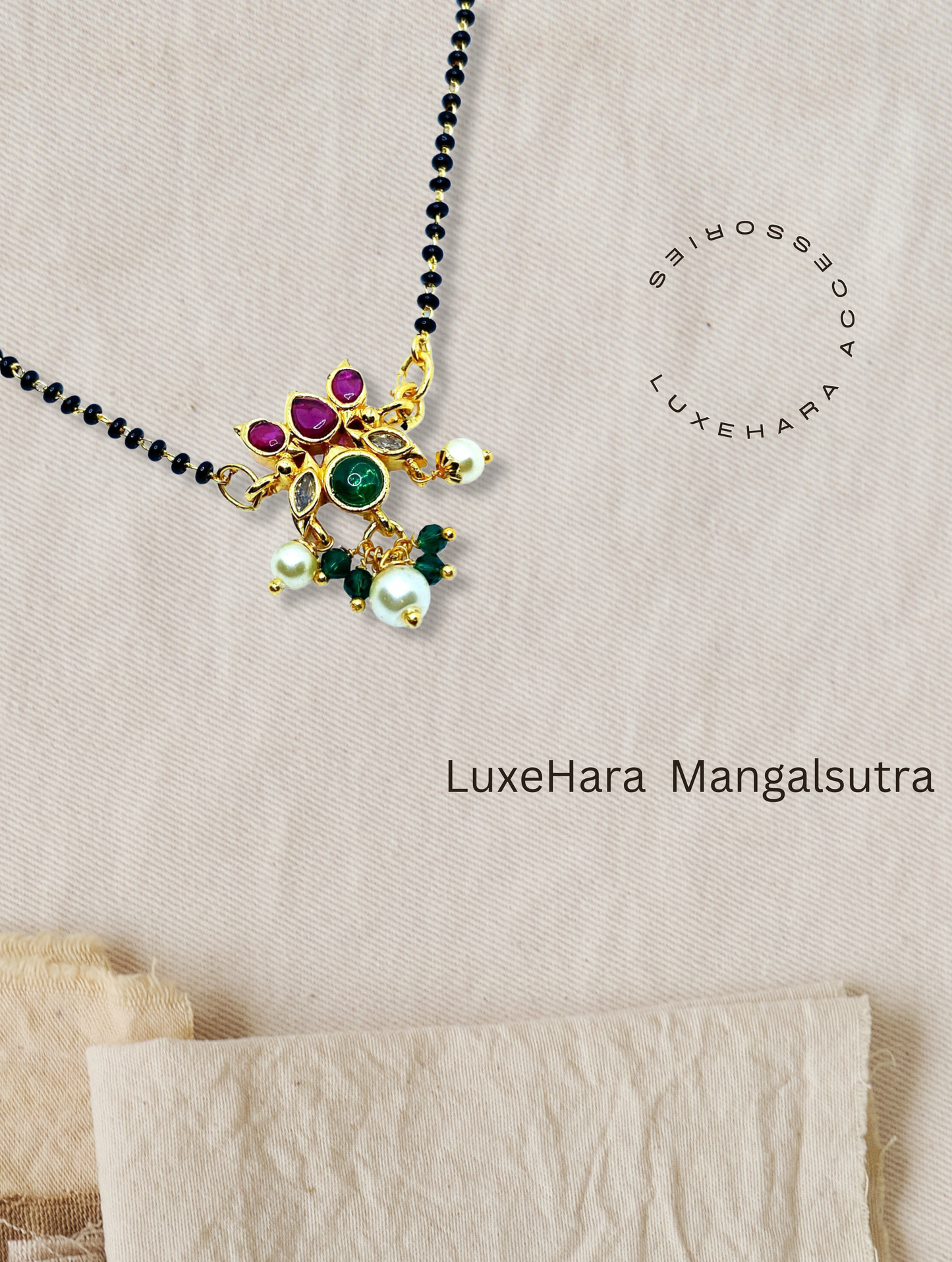 Luxehara's Black beads with Lotus Pendant And Ruby & Emerald Stones & hanging Pearls