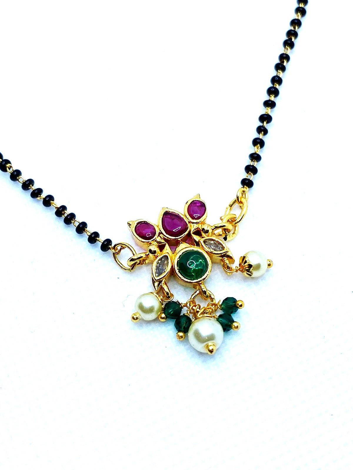 Luxehara's Black beads with Lotus Pendant And Ruby & Emerald Stones & hanging Pearls