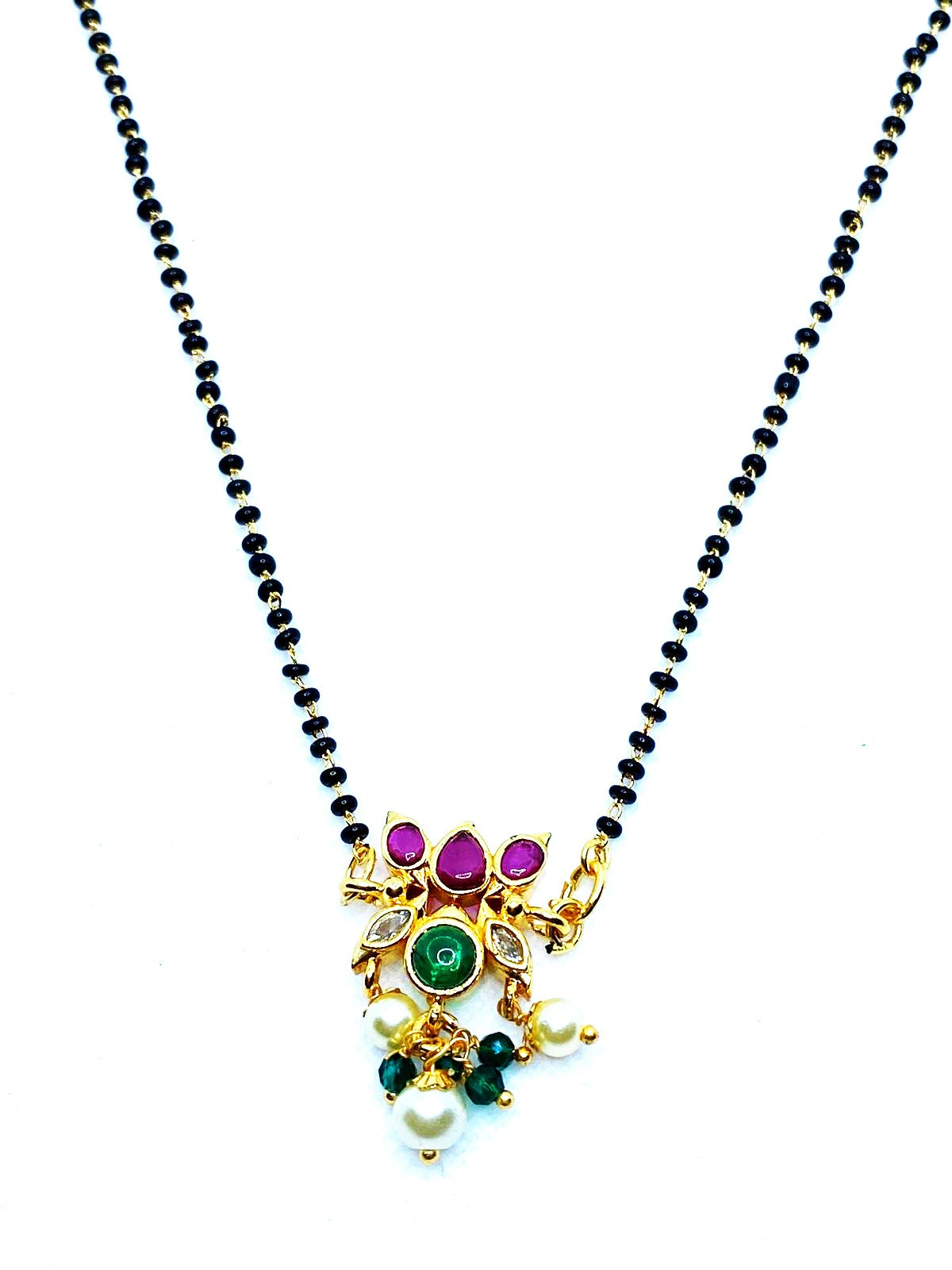 Luxehara's Black beads with Lotus Pendant And Ruby & Emerald Stones & hanging Pearls
