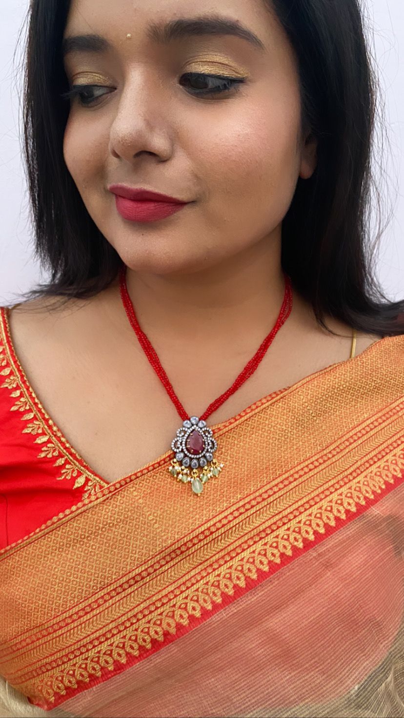 Luxehara's Red Beads Chain with Victorian Pendant.