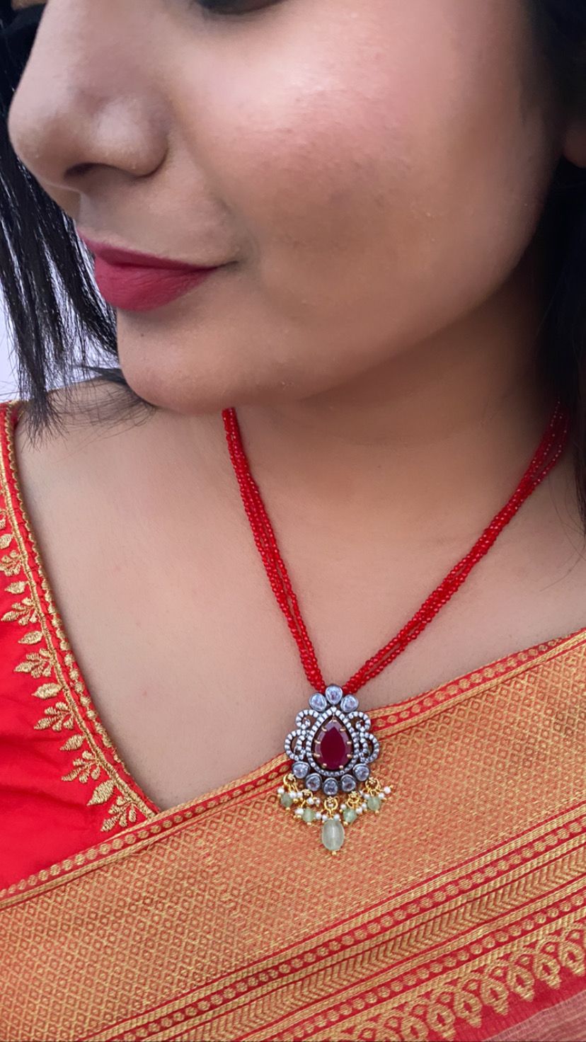 Luxehara's Red Beads Chain with Victorian Pendant.