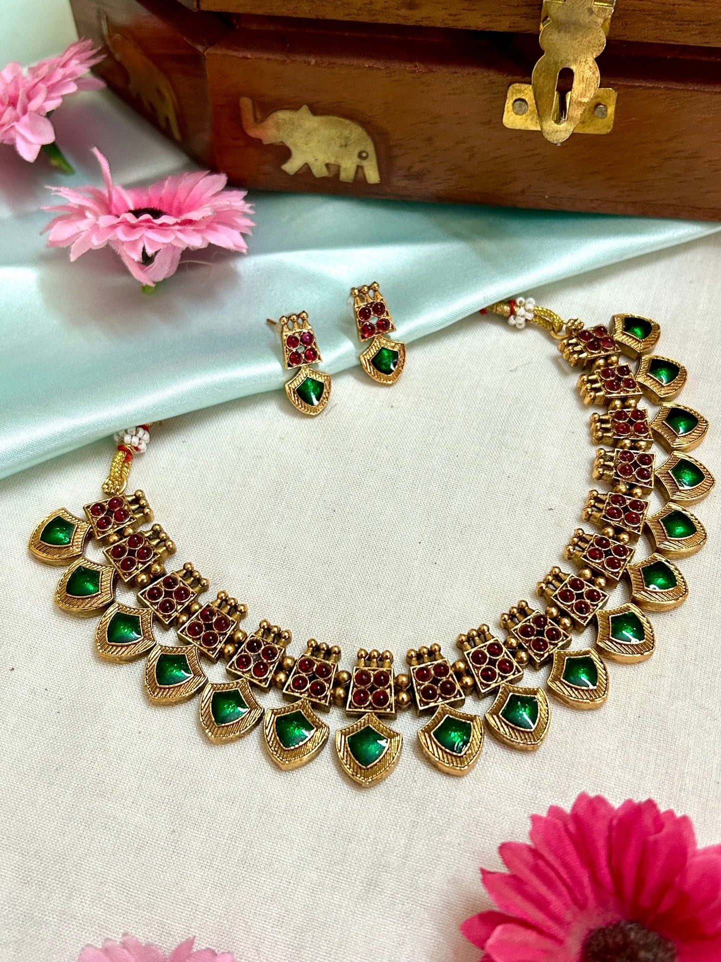 Gold Plated Pallakka Necklace Set with Ruby Stones ( LHA PL 22 )