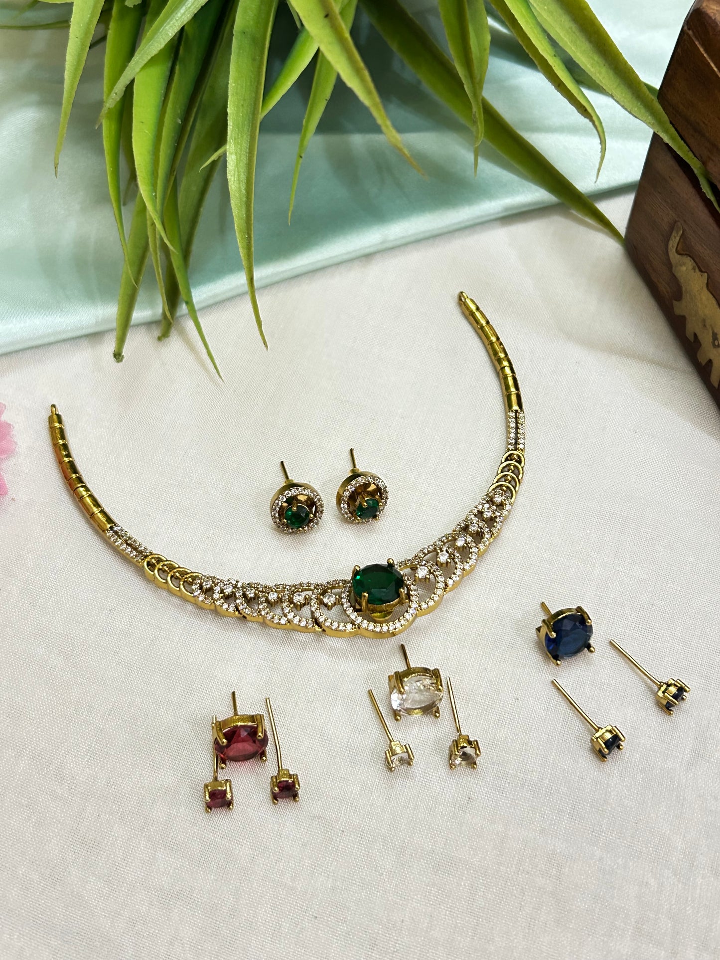 Gold Plated AD Multi-Stoned Short 4 in 1 Necklace set
