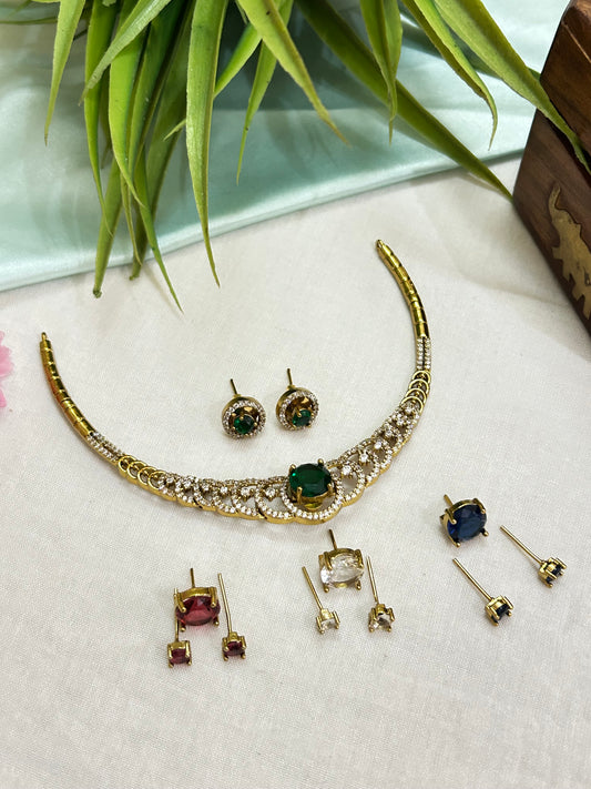Gold Plated AD Multi-Stoned Short 4 in 1 Necklace set