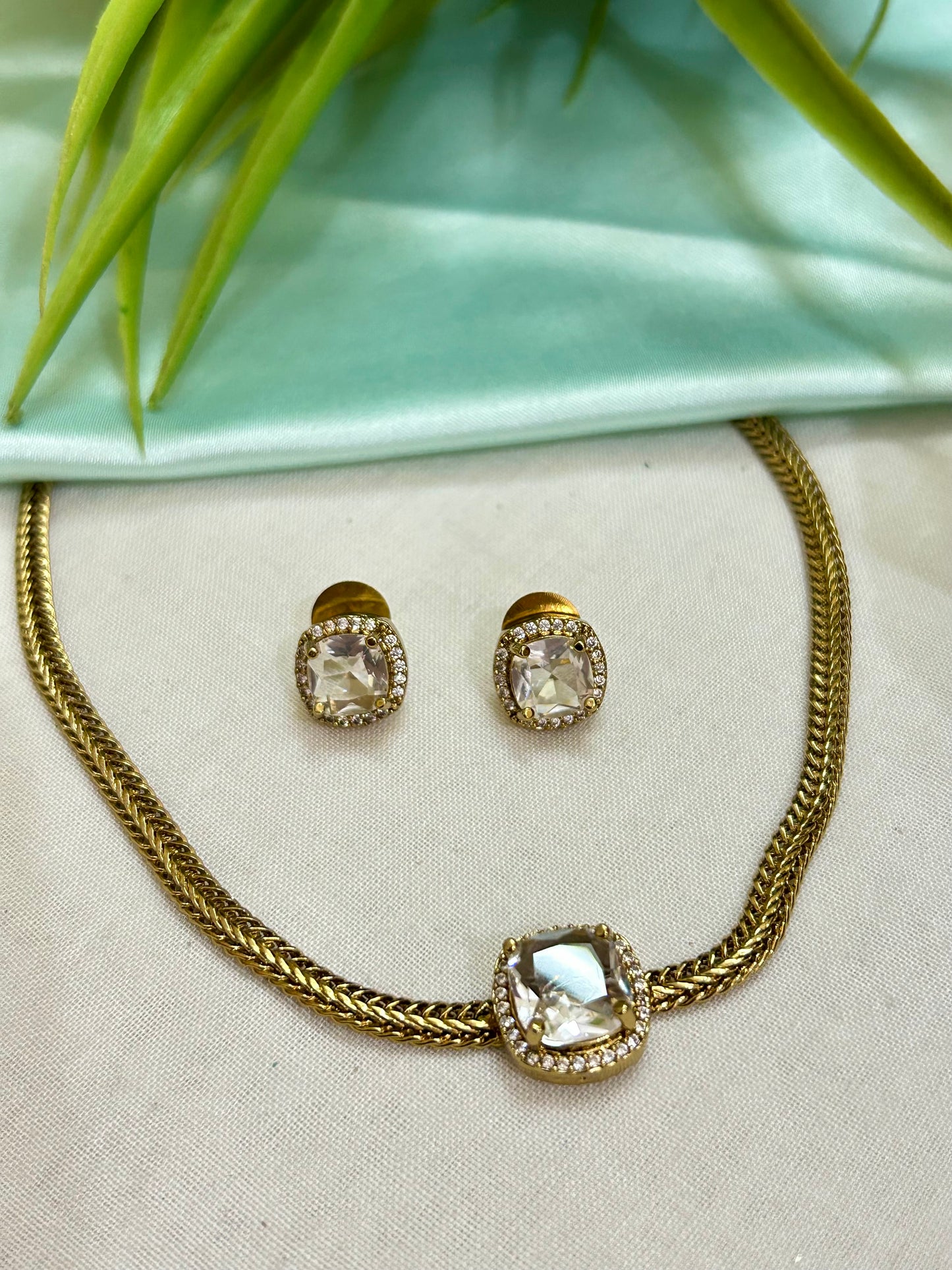 Gold Plated AD Short Necklace with Diamond Replica stone