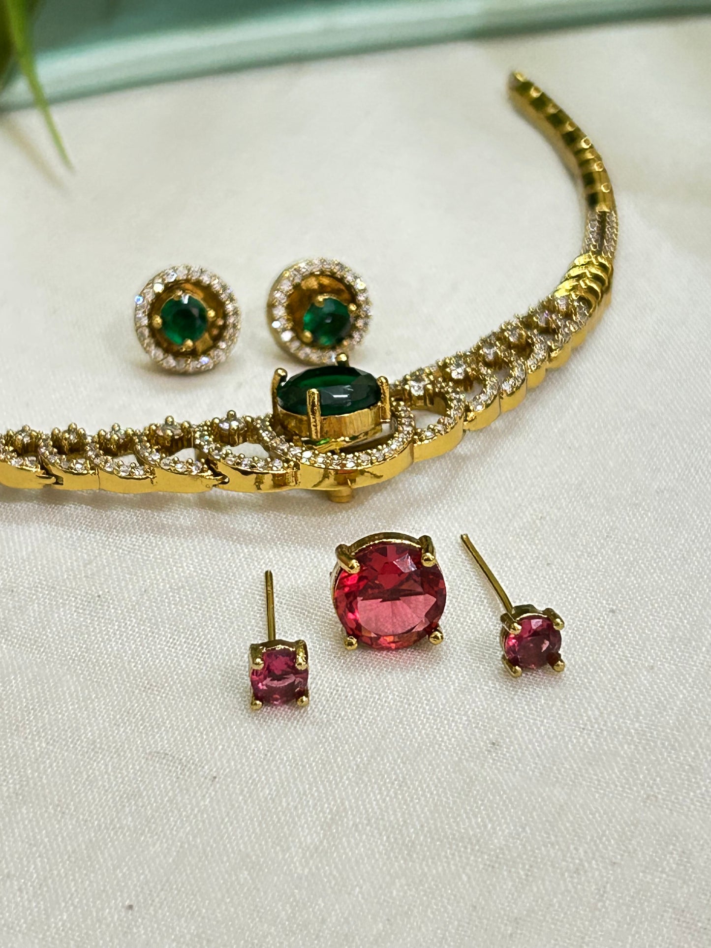 Gold Plated AD Multi-Stoned Short 4 in 1 Necklace set