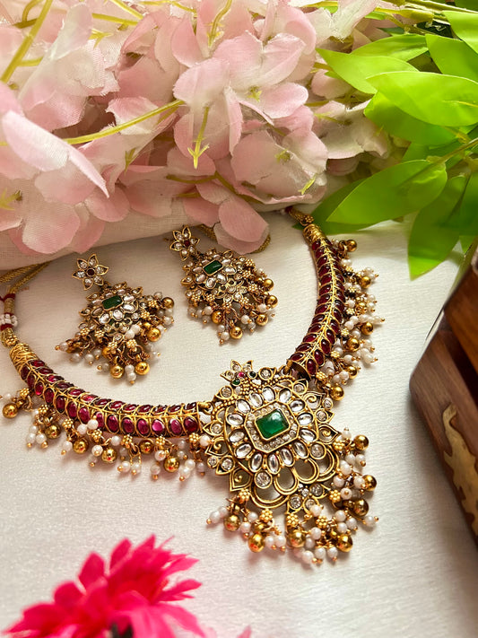 Gold Plated ruby Necklace Set with Earrings ( LHA 436 R2)