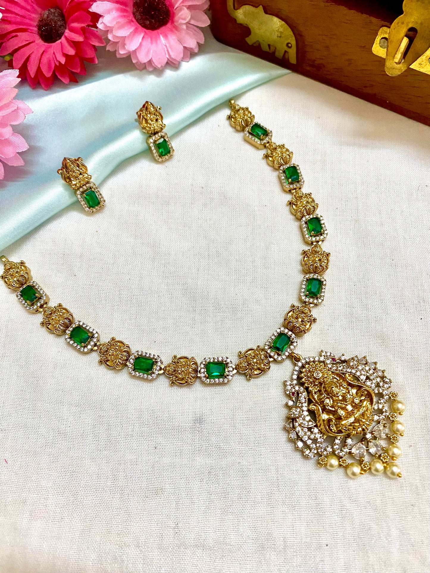 Goldplated Premium emerald and diamonds antique Lakshmi necklace set