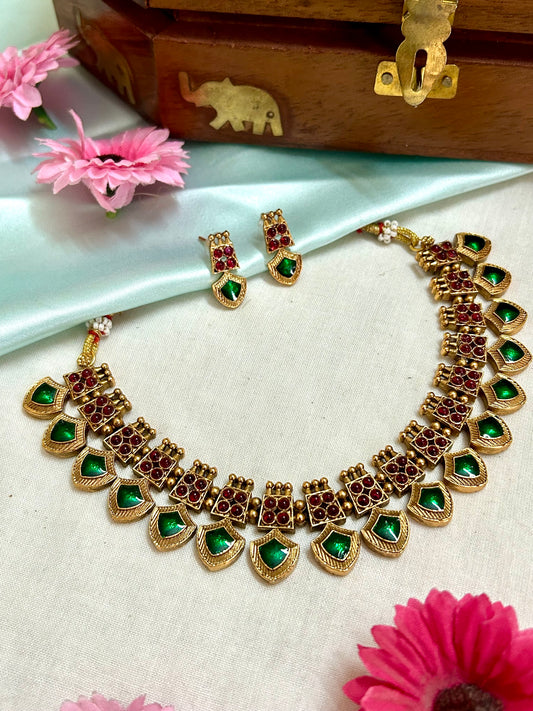 Gold Plated Pallakka Necklace Set with Ruby Stones ( LHA PL 22 )