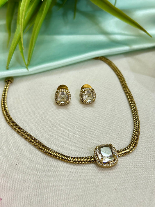 Gold Plated AD Short Necklace with Diamond Replica stone