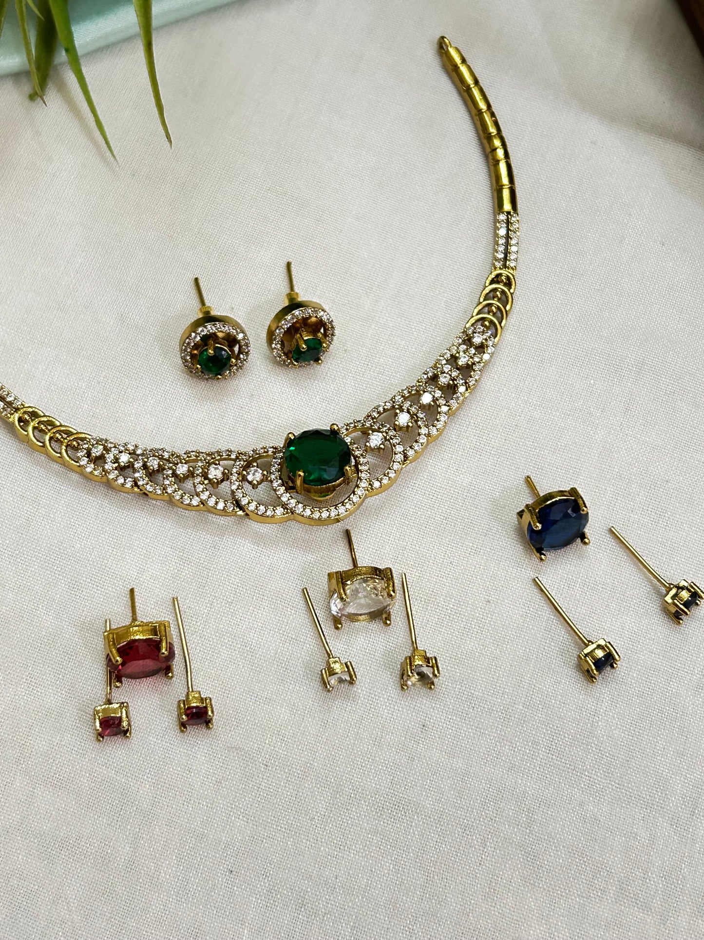 Gold Plated AD Multi-Stoned Short 4 in 1 Necklace set