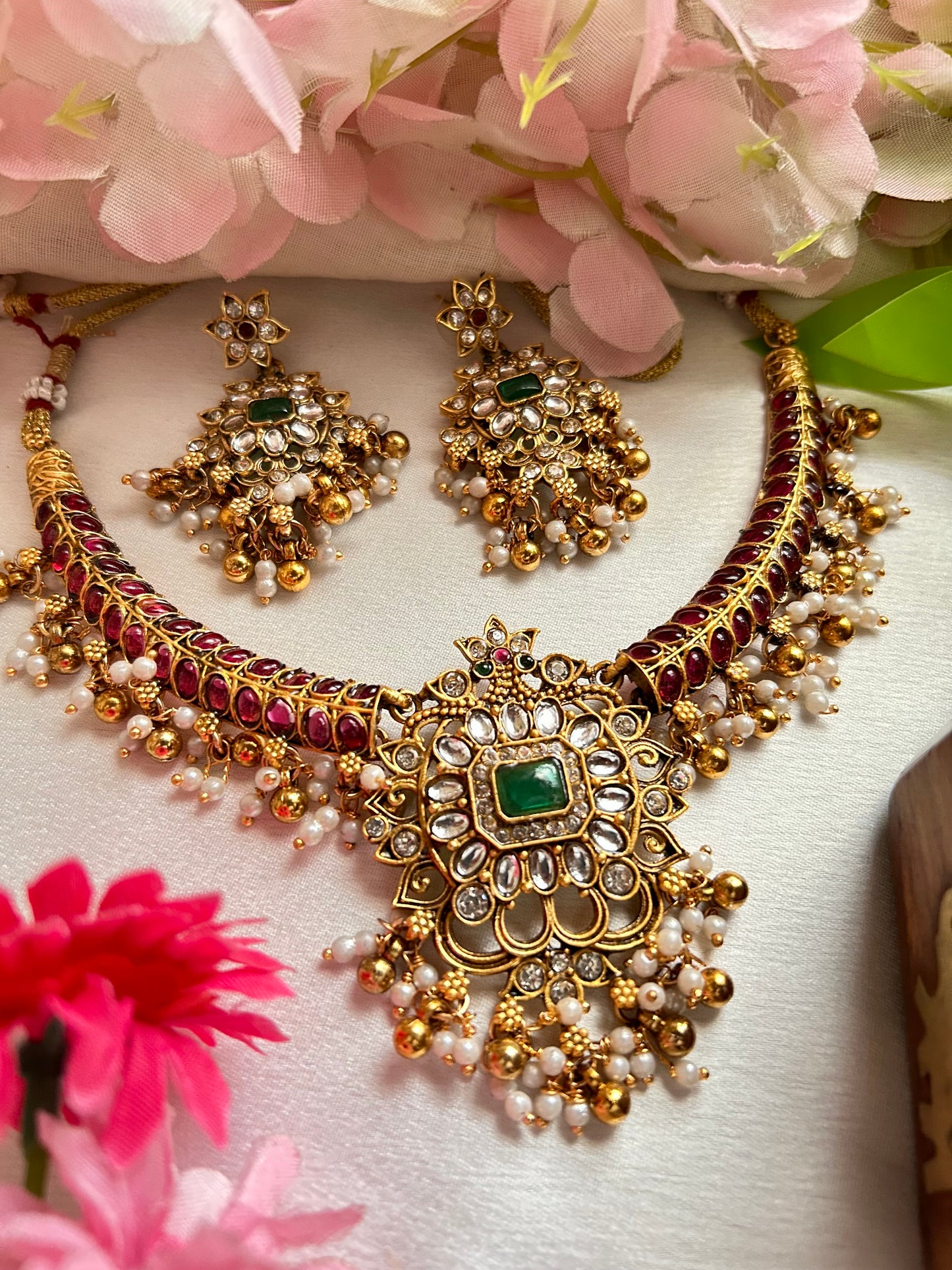 Gold Plated ruby Necklace Set with Earrings ( LHA 436 R2)