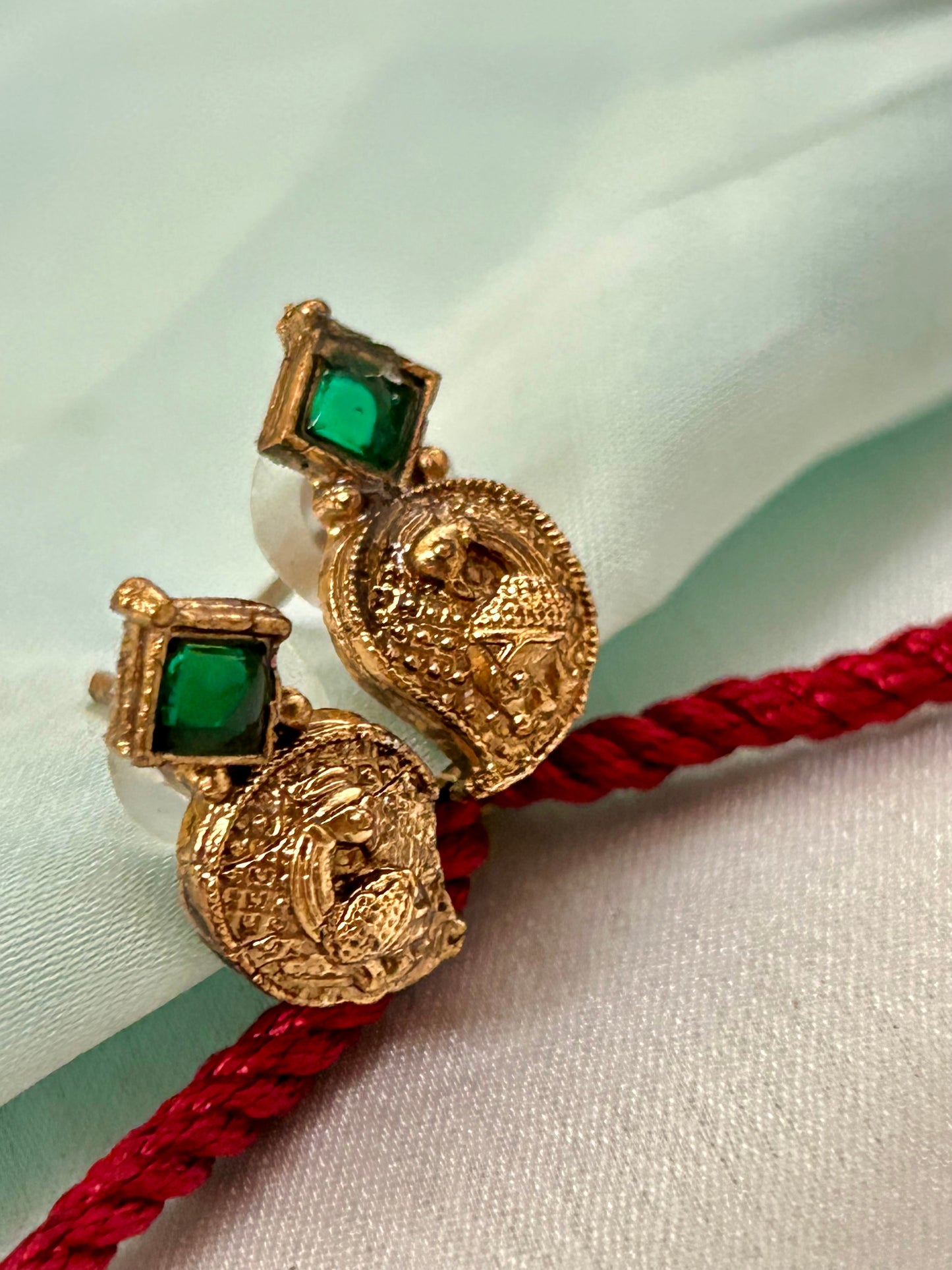 Gold Plated Mango Necklace set with Emerald Look a Like Stones
