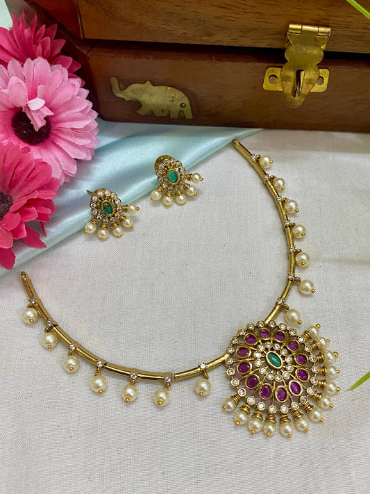 Pearl hanging Kanti necklace with emerald and ruby stones