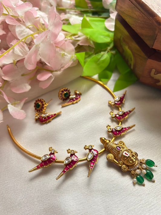 Gold plated Hasli necklace set with lord venkateshwara dollar attached