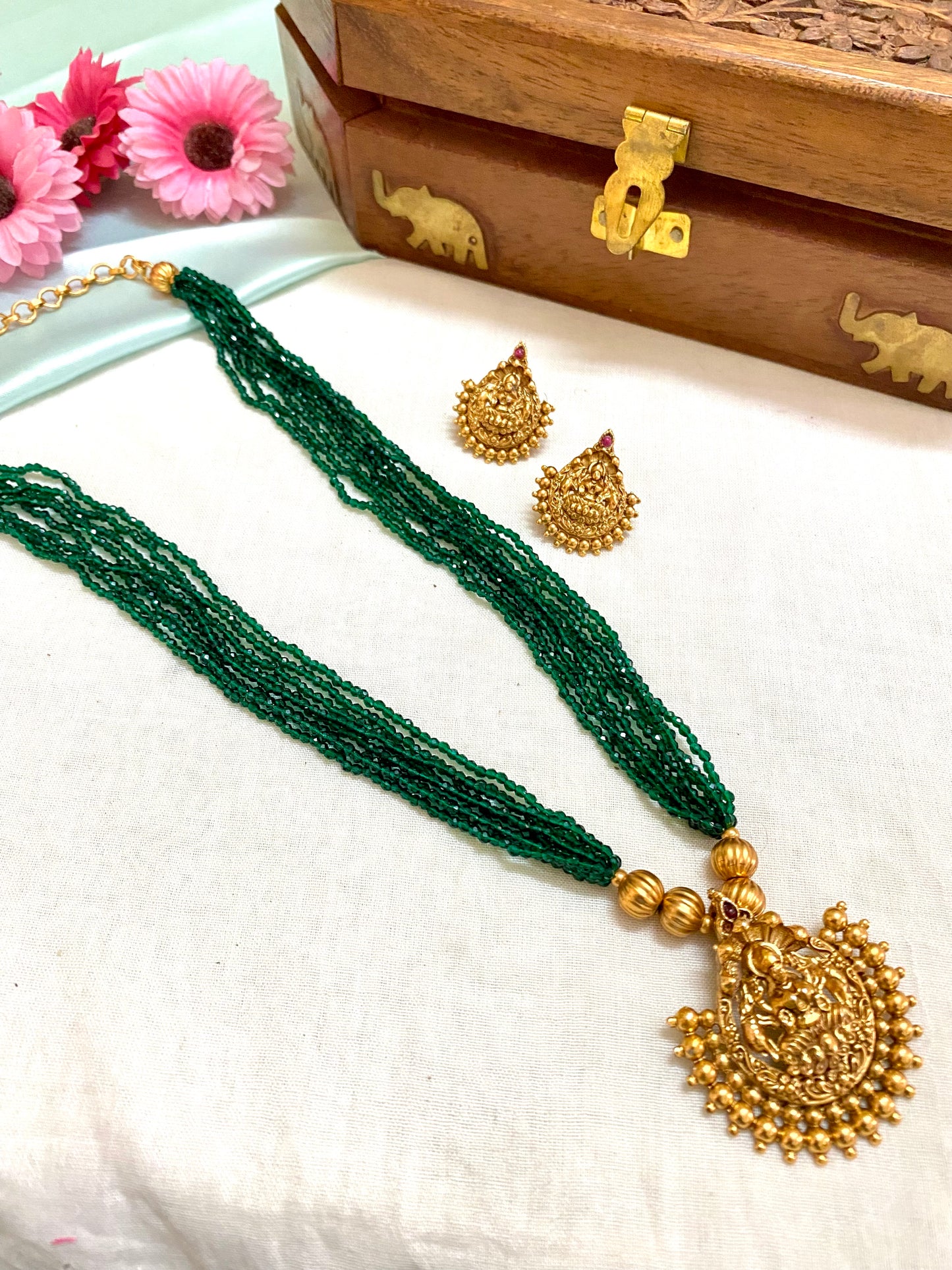 Green and maroon 8 layered small beaded chain set with Lakshmi pendant - 11 inches
