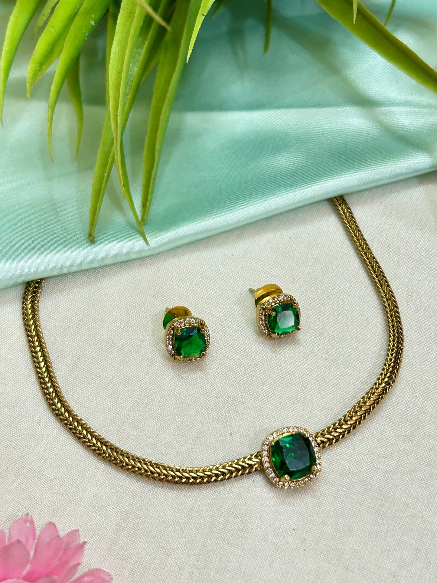 Gold Plated AD Short Necklace with single Emerald Replica stone