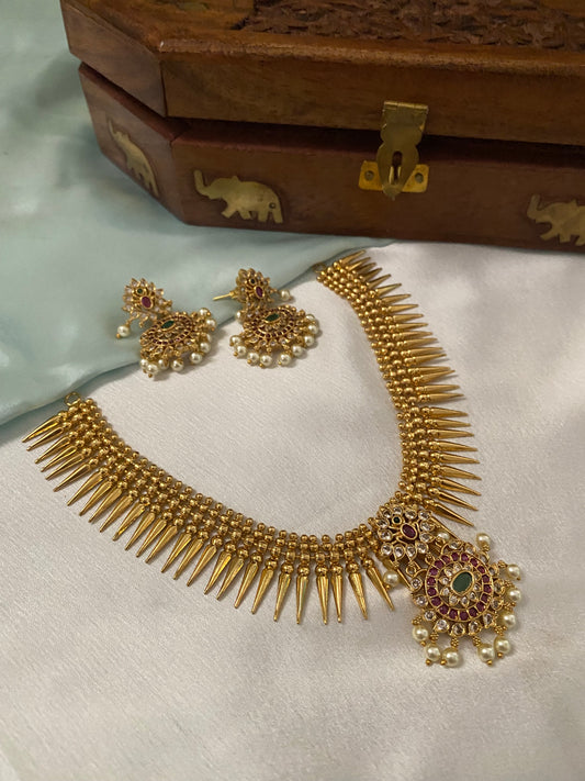 Gold plated Mulla mottu necklace set with Kundan stones ( LHA-GP-MMK23 )