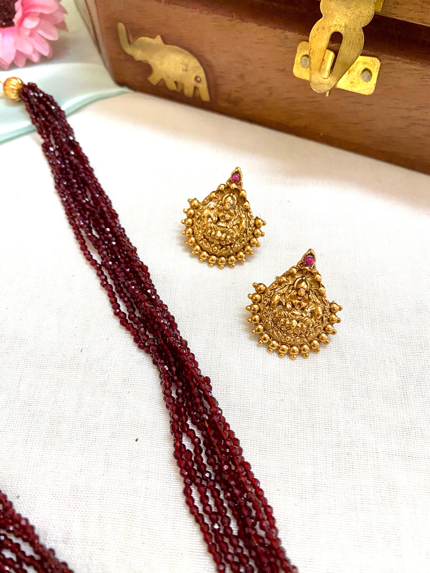 Green and maroon 8 layered small beaded chain set with Lakshmi pendant - 11 inches