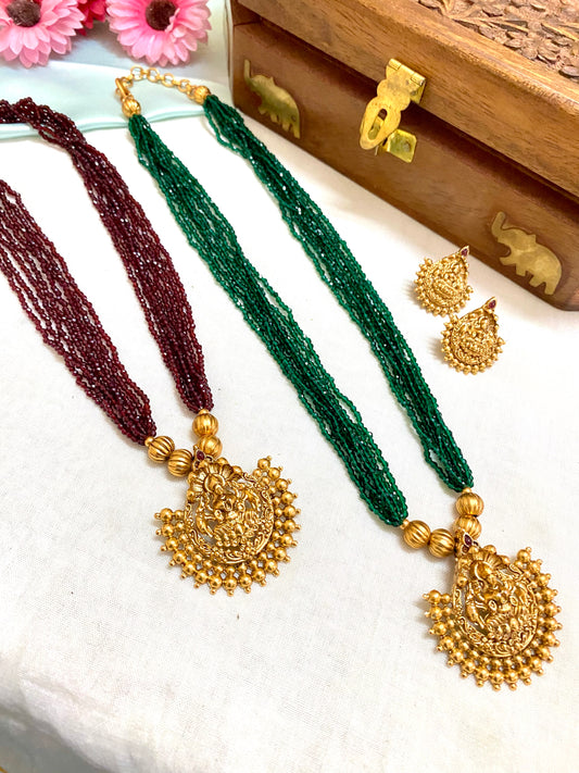 Green and maroon 8 layered small beaded chain set with Lakshmi pendant - 11 inches
