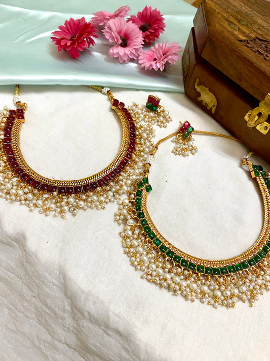 Reversible Goldplated ruby and emerald necklace set with Pearl hanging
