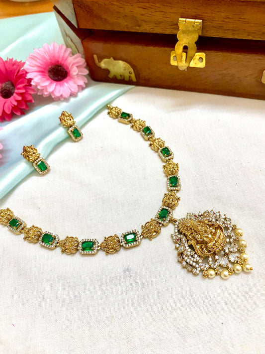 Goldplated Premium emerald and diamonds antique Lakshmi necklace set