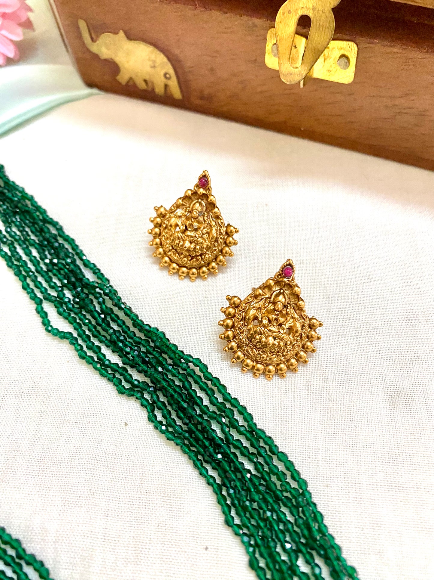 Green and maroon 8 layered small beaded chain set with Lakshmi pendant - 11 inches