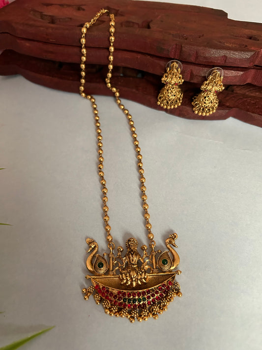 Luxehara’s Gold plated small beaded long chain with Lakshmi pendant ( LHA 132 )