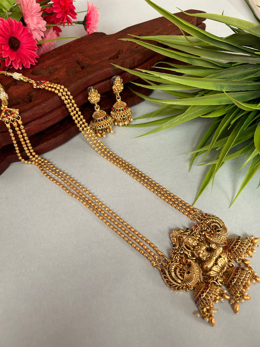 Gold Plated 3 layered beaded Long necklace chain with beautiful Lakshmi heavy pendant ( LHA 441 )