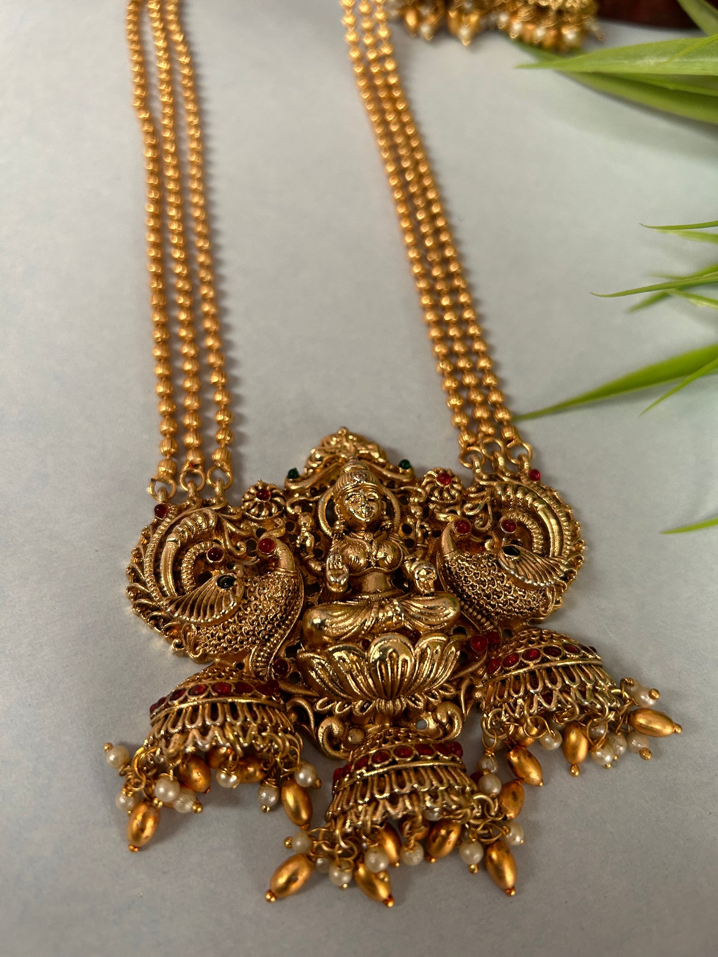 Gold Plated 3 layered beaded Long necklace chain with beautiful Lakshmi heavy pendant ( LHA 441 )