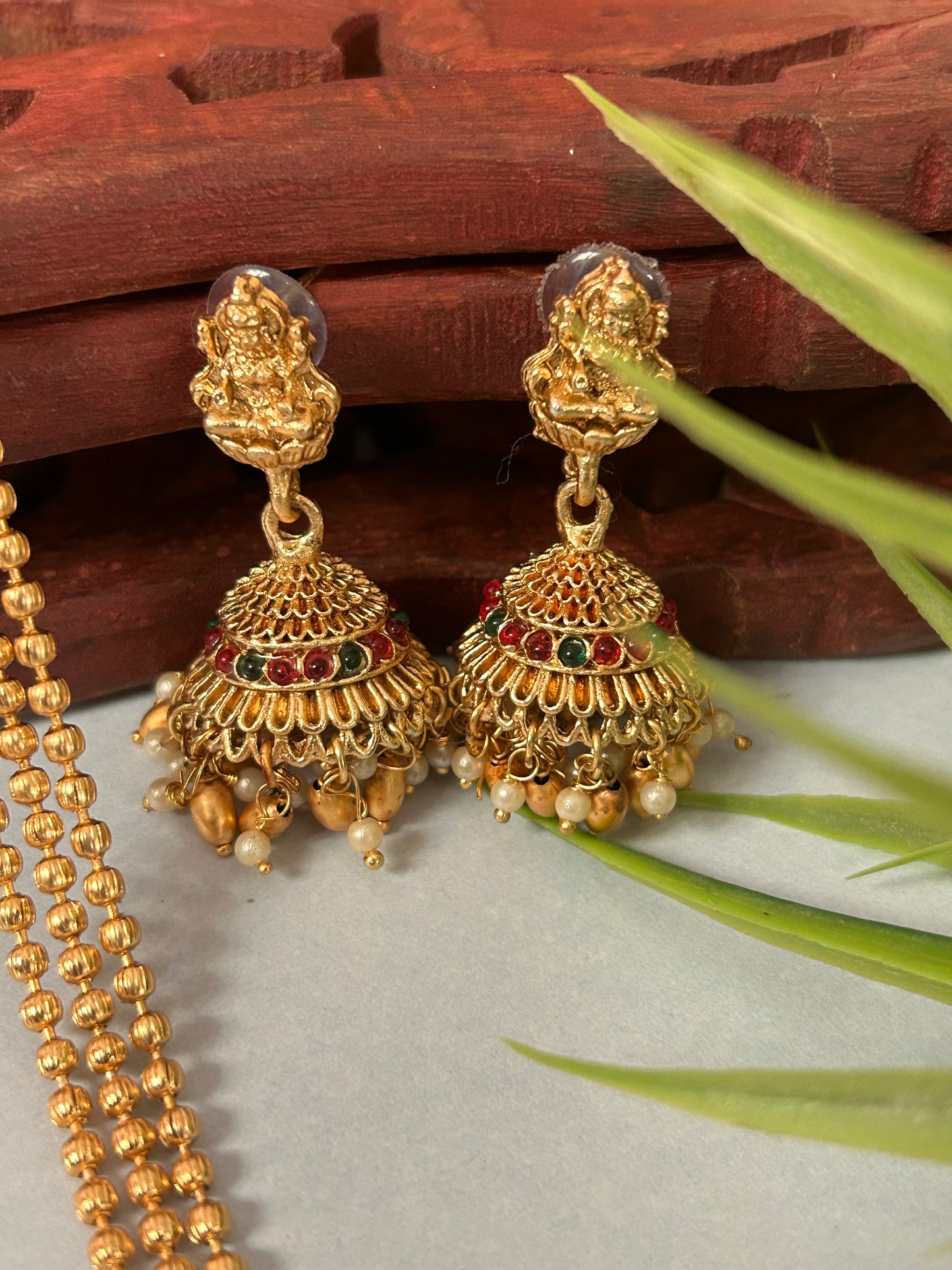 Gold Plated 3 layered beaded Long necklace chain with beautiful Lakshmi heavy pendant ( LHA 441 )