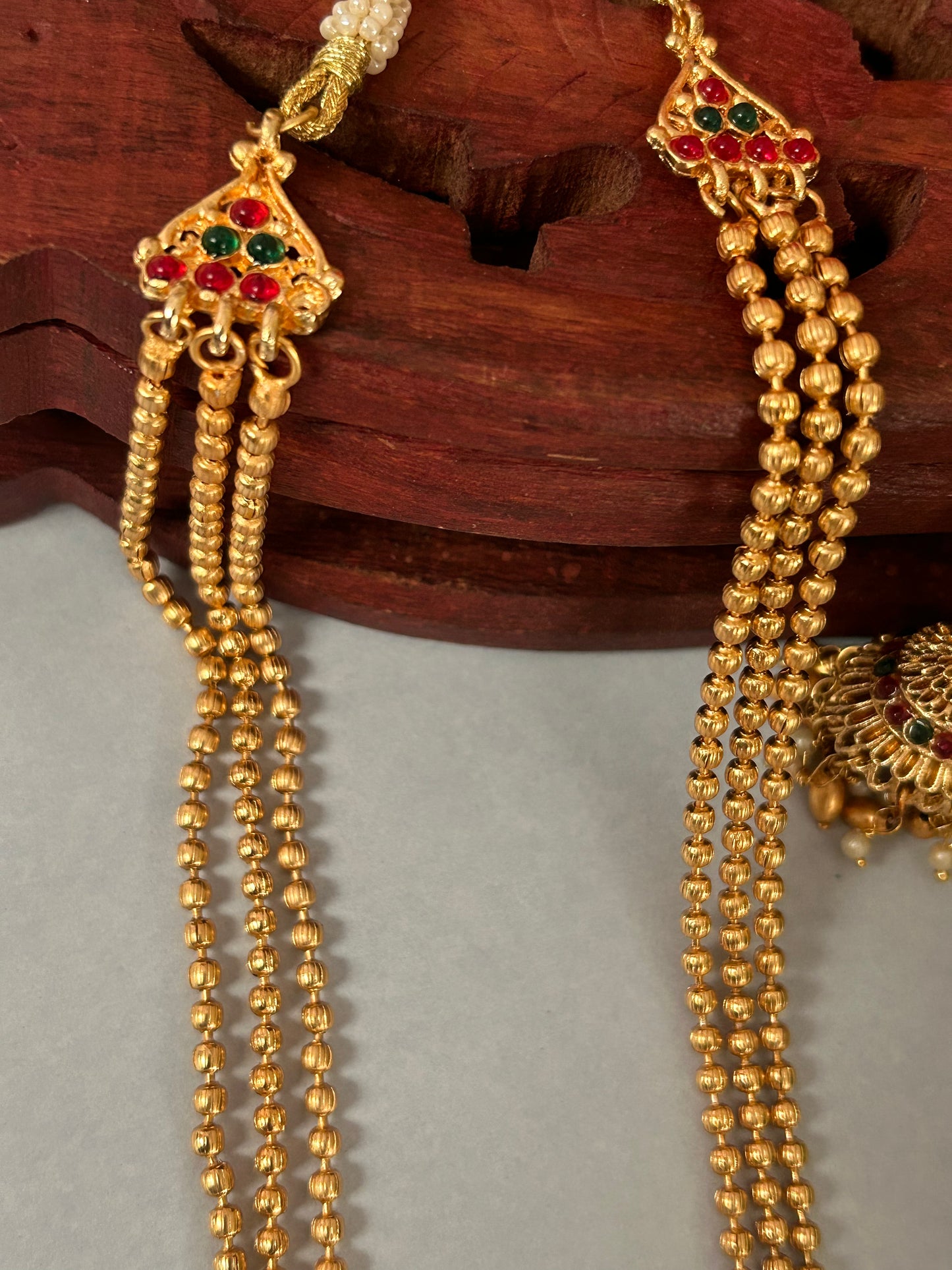 Gold Plated 3 layered beaded Long necklace chain with beautiful Lakshmi heavy pendant ( LHA 441 )