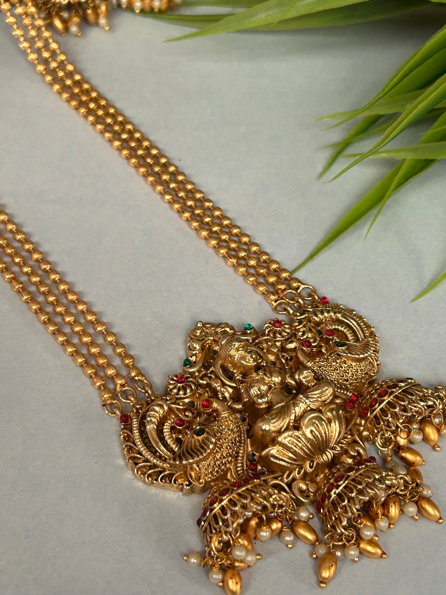 Gold Plated 3 layered beaded Long necklace chain with beautiful Lakshmi heavy pendant ( LHA 441 )