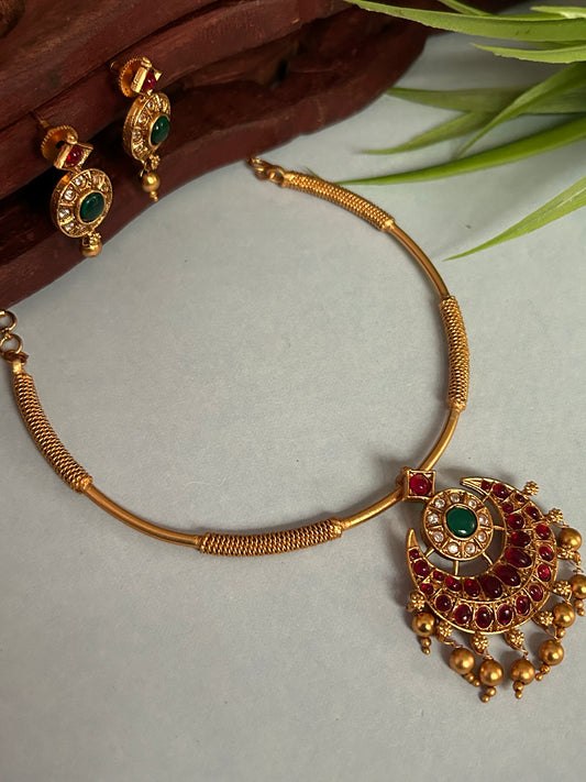 Gold Plated Hasli/Kanti Necklace Set with Kemp & Green stones. ( LHA CN 05 )