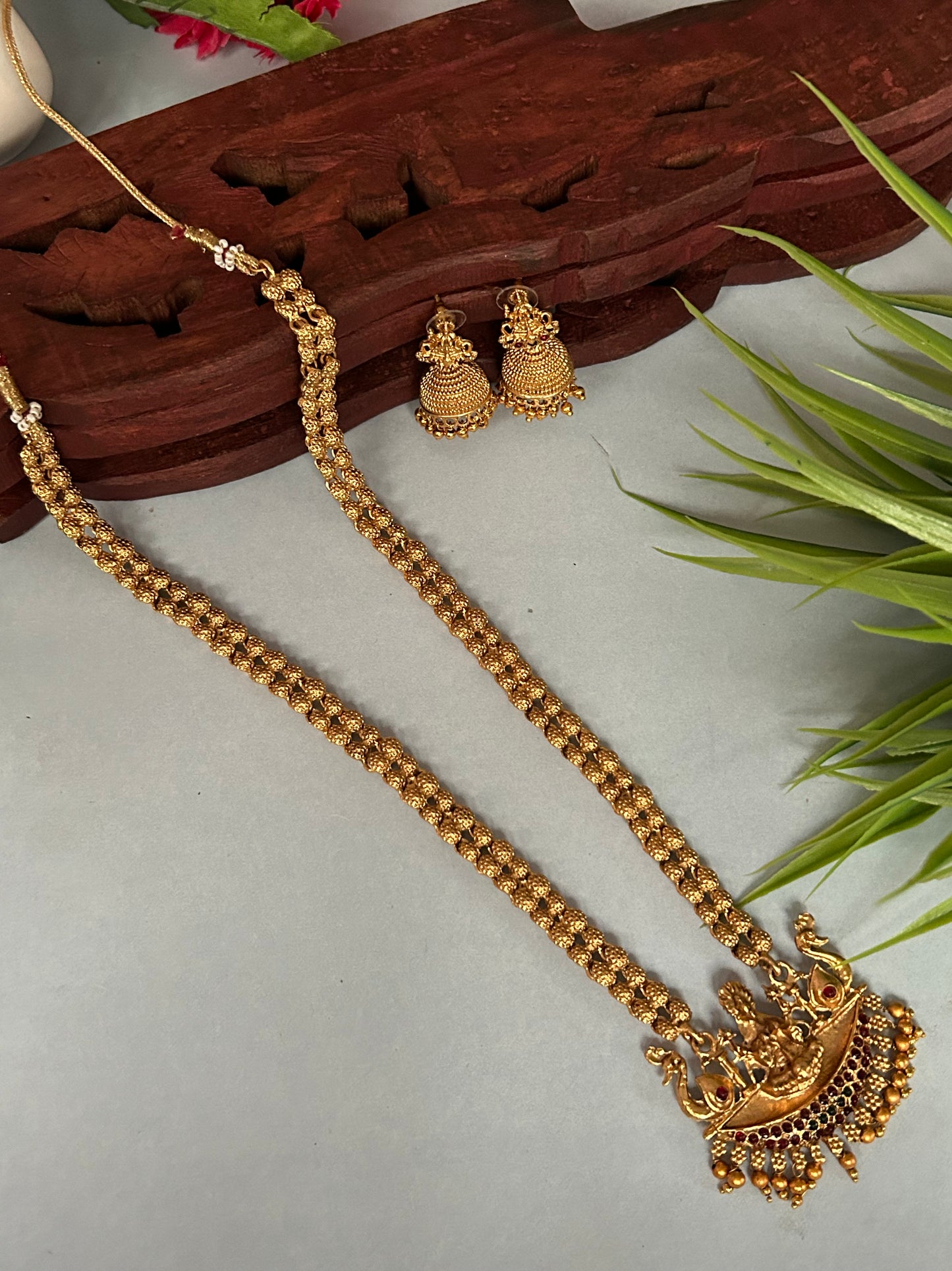 Gold Plated Long Necklace Chain with beautifully handcrafted Lakshmi pendant ( LHA 210 )