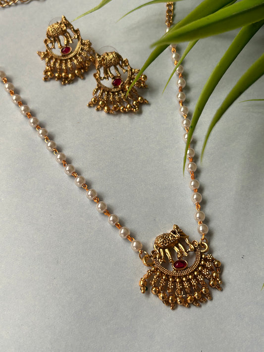 Gold Plated Pearl Necklace set with elephant pendant( LHA 113 )