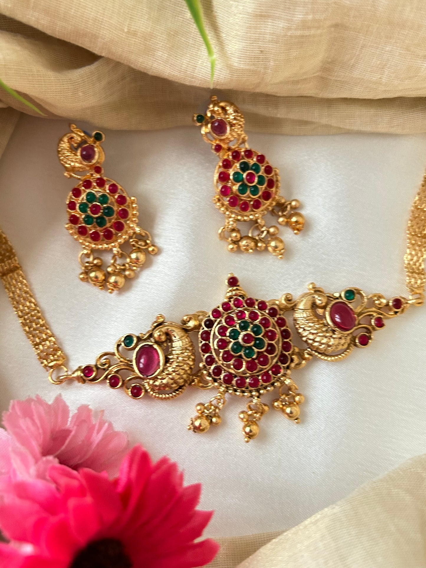 Gold Plated Choker set with Red & Green Stones ( LHA 407CH )