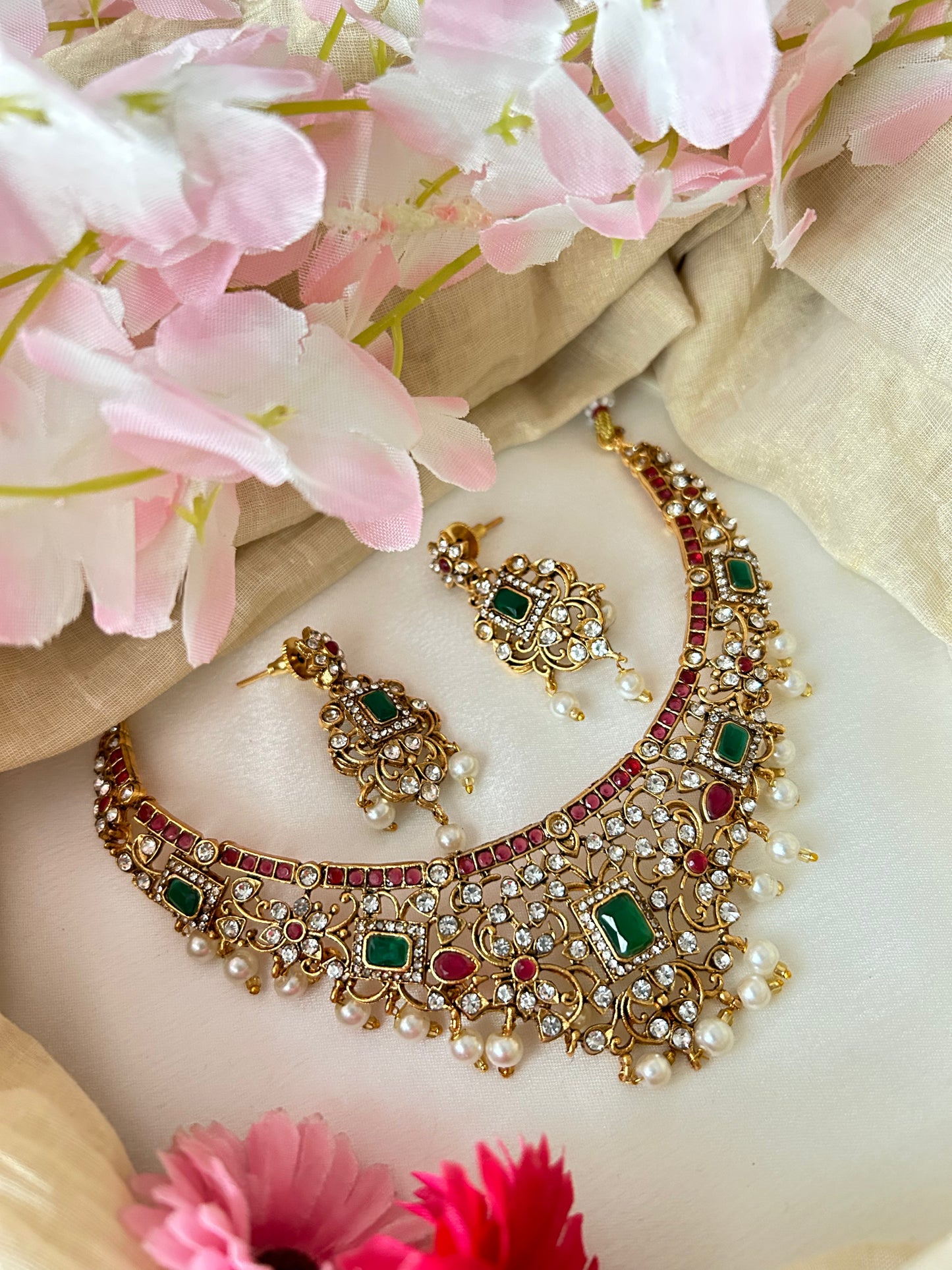 Gold Plated ruby Necklace Set with pearl hangings.( LHA QA156MD )