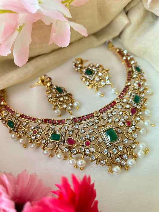 Gold Plated ruby Necklace Set with pearl hangings.( LHA QA156MD )