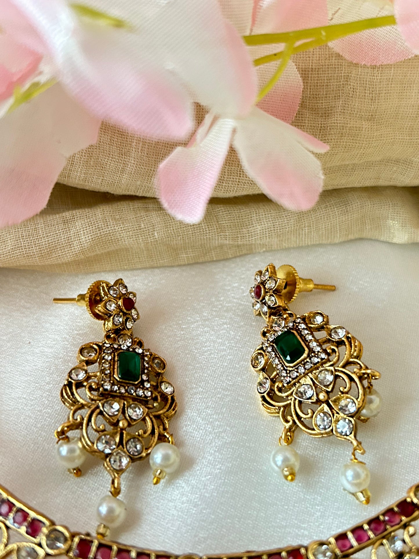 Gold Plated ruby Necklace Set with pearl hangings.( LHA QA156MD )