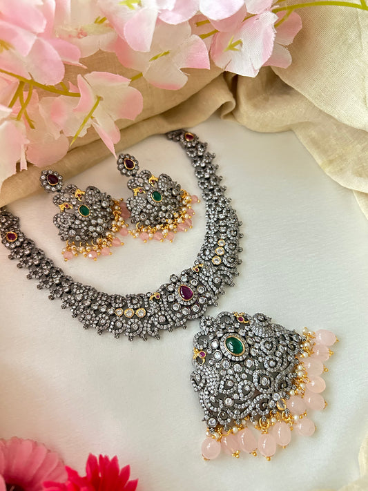 Luxhara's Victorian Jewelry Set with Matching Earrings & pastel Pink Monalisa Beads