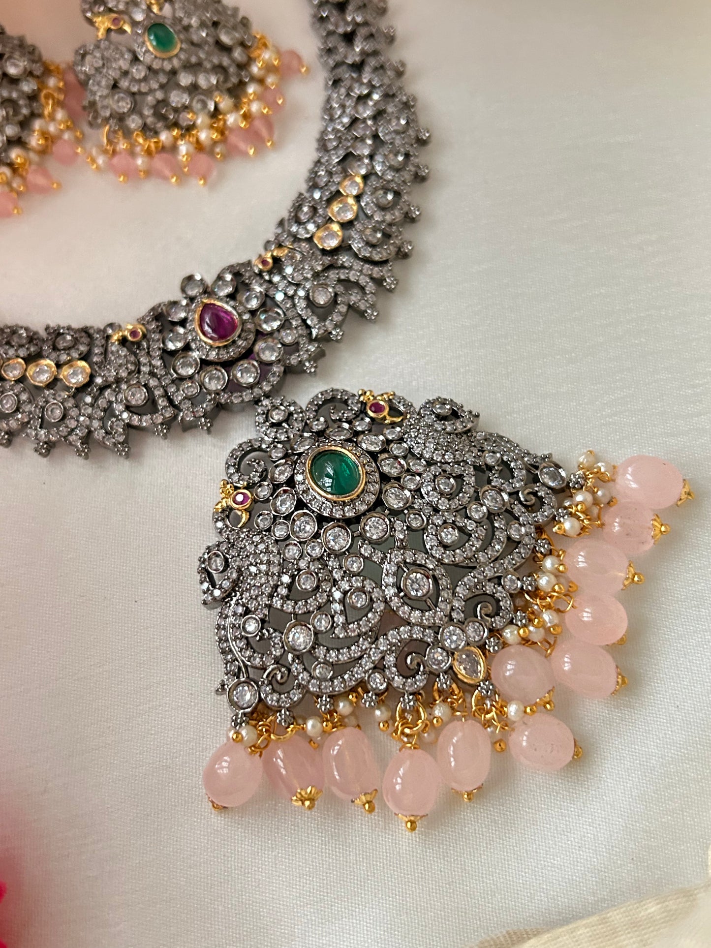 Luxhara's Victorian Jewelry Set with Matching Earrings & pastel Pink Monalisa Beads